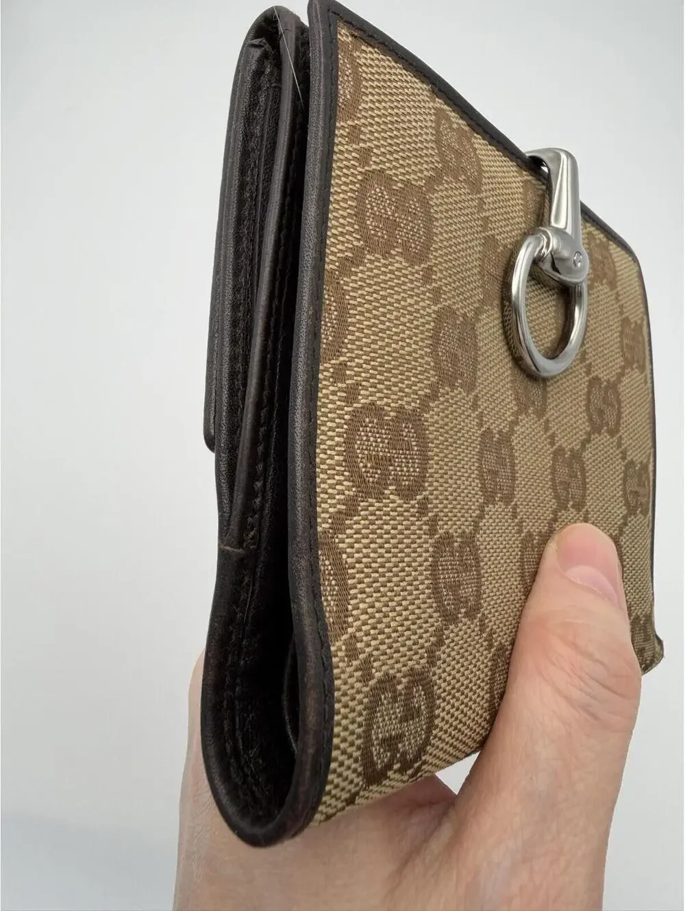 Authentic Gucci Brown Horsebit GG Supreme Bifold Wallet Canvas Leather + COA